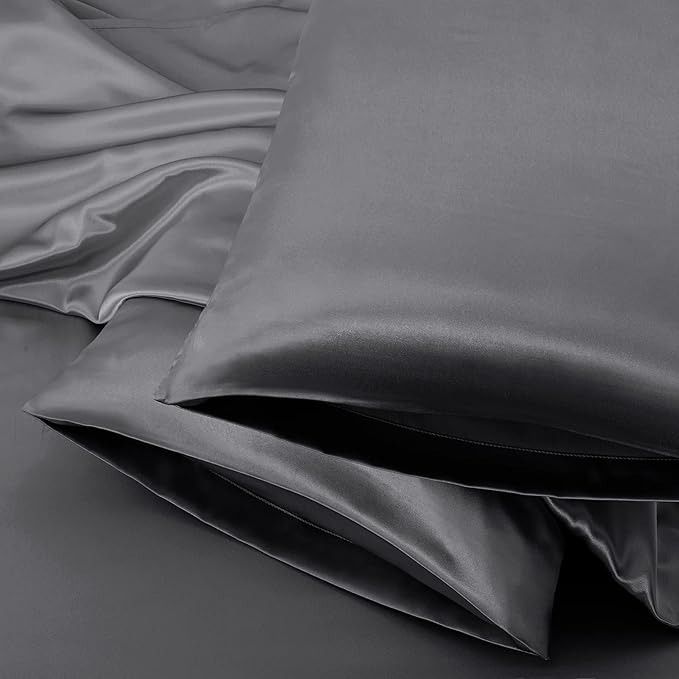 Aormenzy Dark Grey Satin Pillowcase for Hair and Skin, Satin Pillow Cases for Women Standard Size Set of 2 with Envelope Closure Silky Pillow Covers Wrinkle, Fade Resistant (20x26 Inches)