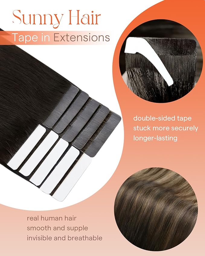 Sunny Hair Tape in Hair Extensions Real Human Hair Invisible Remy Hair Extensions Tape ins for Women Natural Black Ombre Dark Brown Balayage Ash Blonde 18 inch 25G