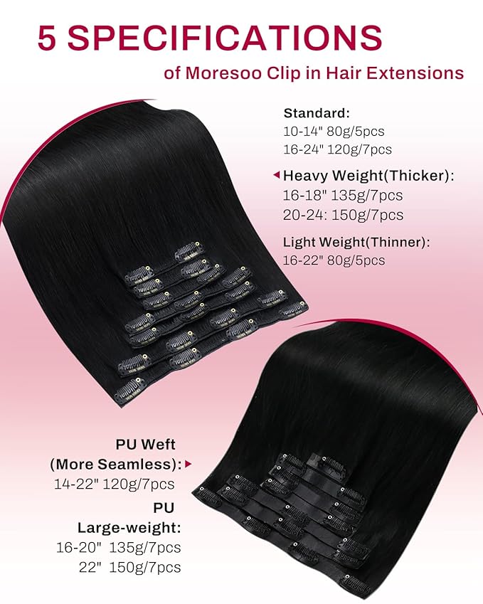 Moresoo Black Clip in Hair Extensions 24 inch Jet Black Remy Human Hair Extensions Clip ins Straight Double Weft for Women Thick 150g/7pcs 24in