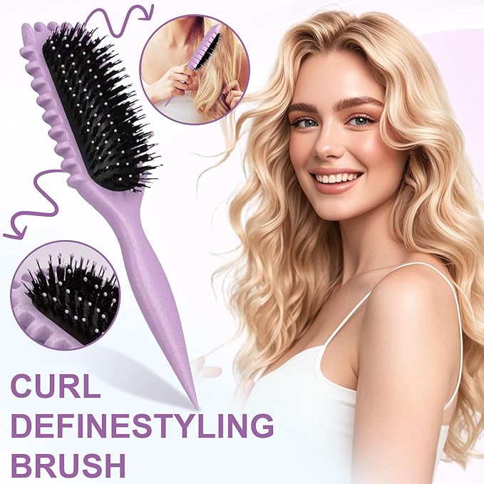 Curly Hair Brush,Curl Defining Brush,Boar Bristle Hair Brush for Combing and Shaping,Reduce Pulling and Curl Separation For Defined Curls(Purple)