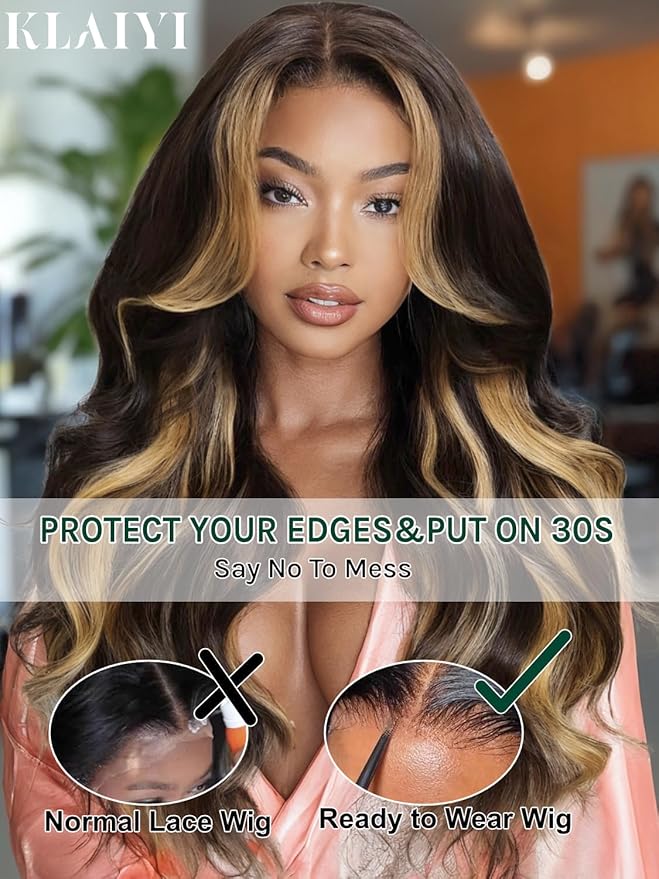 KLAIYI Ombre Highlight Blonde Loose Body Wave Bye Bye Knots Glueless Wigs Human Hair 7x5 Precut Lace Front Pre Plucked Bleached Ready to Wear Go Wig with Face Framing Curtain Bang Caramel Brown 26Inch