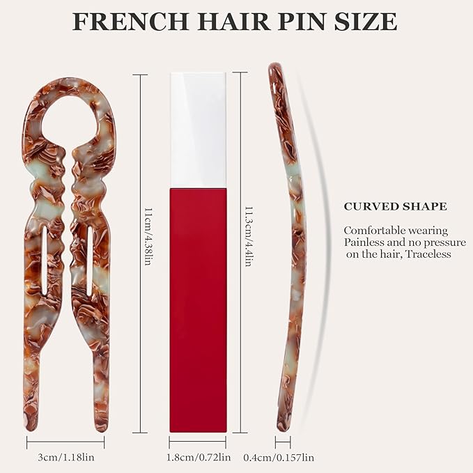 Sunolga 3pcs Prestige French Hair Pins for Women, 4.38" Large, Serrated Anti-Slip Design, Curved Shape for Better Head Fit, Coquette Elegant Hair Accessories for Updos, Chignon, Bun Hairstyles