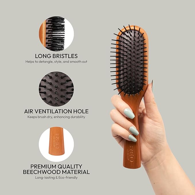 RED Premium Evergreen Wooden Paddle Brush, Detangling Brush with Long Bristles for Thick, Curly, Thin, Wet or Dry Hair - Long-Lasting Shine (Mini)
