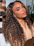 KLAIYI Ombre Brown Water Wave Bye Bye Knots Glueless Wig Human Hair Pre Cut 7x5 Lace Front Wigs Drawstring Pre Plucked Bleached Highlight Balayage Curly Ready to Wear and Go Wig with Dark Roots 26Inch