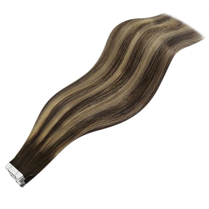 YoungSee Tape in Extensions Human Hair Brown Balayage Human Hair Tape in Extensions Dark Brown to Caramel Blonde Ombre Tape in Extension 18 Inch Adhesive Hair Extension for Natural Looking 20pcs 50g