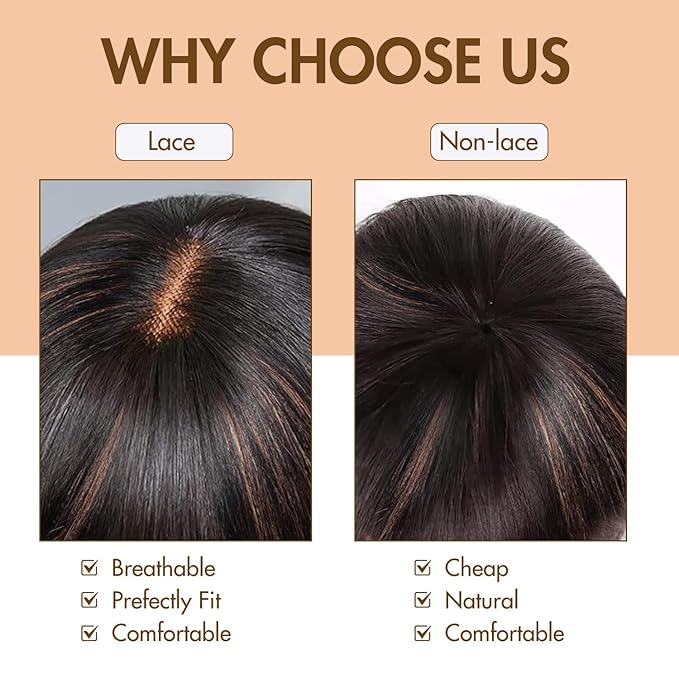 Bob Wig with Bangs Human Hair Glueless HD Lace Straight Short Bob Wig with Brown Highlights, Ready to Go Short Wigs For Women （12 Inch bob wig）