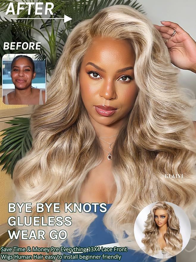 KLAIYI Ombre Ash Blonde Loose Body Wave Pre Everything Glueless 13x4 Lace Front Wigs Human Hair Balayage Precut Pre Plucked Bleached Bye Bye Knots 30S Ready to Wear and Go Wig Beginner Friendly 24Inch