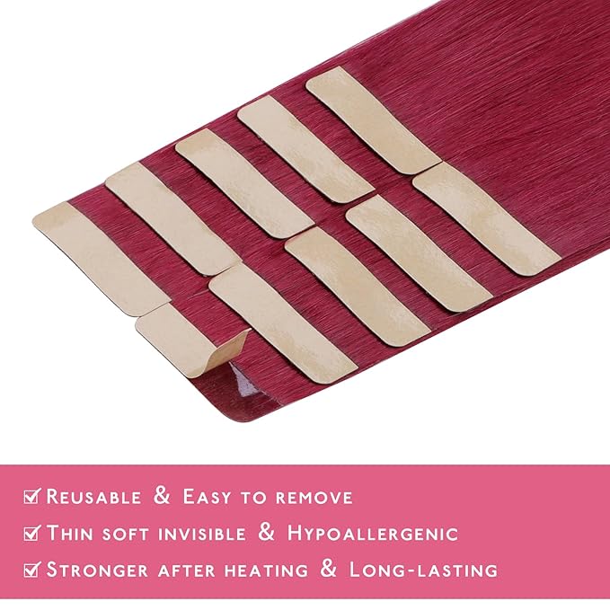 WENNALIFE Tape in Hair Extensions Human Hair Burgundy Red Tape in Extensions, 10pcs 30g 24 inch Remy Invisible Tape Ins Straight Colored Soft Real Human Hair Tape in Extensions Refill Set Extensions