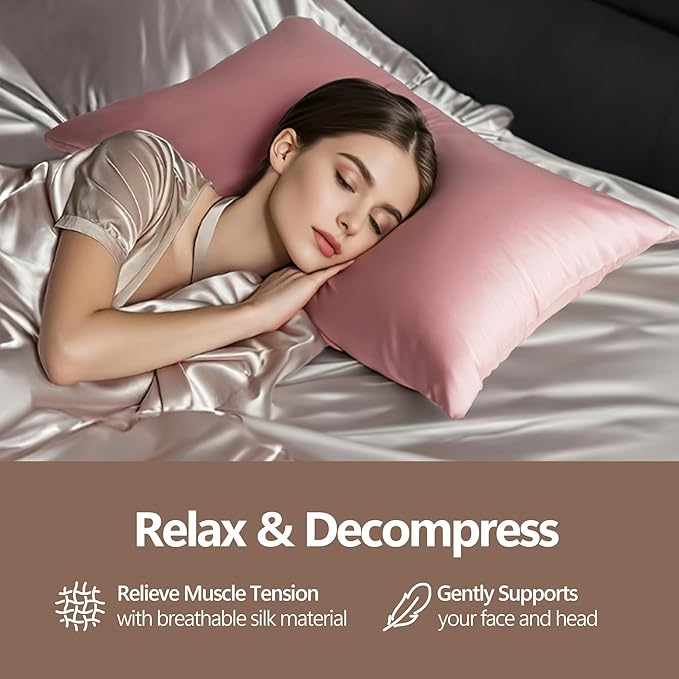 Set of 2 100% Silk Pillow Cases Queen - 6A Luxury Mulberry Silk Pillowcase for Hair and Skin - Anti-Wrinkle, Cooling & Smooth, Hidden Zipper - Pillowcases for Sleeping Women Girl, Boy, Pink