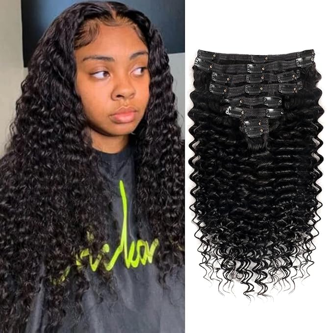 Deep Wave Clip in Hair Extensions Real Human Hair Brazilian Virgin Human Hair Clip in Extensions for Black Women 8Pcs Remy Hair with 18Clips 120g (18inch, Natural Black)