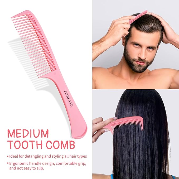 Hair Comb 3-in-1 Plastic Hair Comb Set For Women, Men - Wide Tooth, Rat Tail, and Regular Tooth Detangling Hair Combs for All Hair Types-Pink