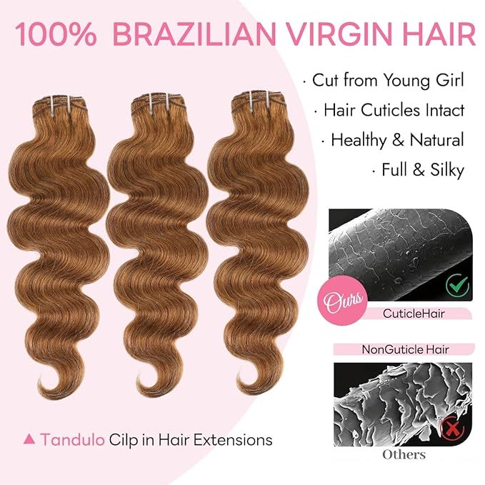 Clip in Hair Extensions Real Human Hair Body Wave 30 Auburn Ginger Clip in 100% Brazilian Remy Human Hair Extensions 8pcs Per Set with 18 Clips Double Weft 24 Inch 120g/3.6oz