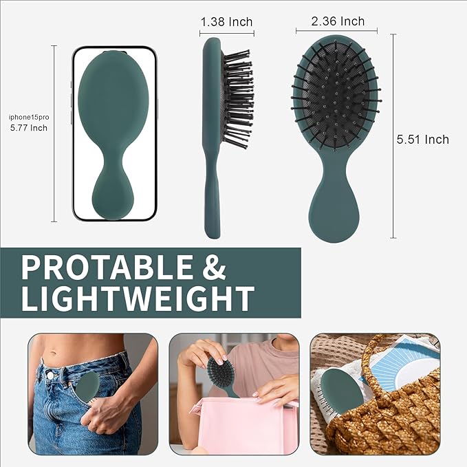 Mini Hair Bursh for Women,girls-Protable Travel Size Hair Brush for Pockets,Purse,backpack-Mini Detangler Brush for All Hair Types,Small Hair Brush for Detangling (1 Pack-Green)