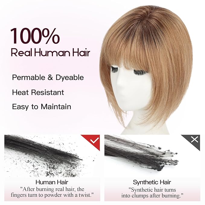EMMOR 12 Inch Human Hair Topper for Women - Real Hair Topper with Bangs & 6.5" × 6.5" Larger Base, Natural Thin Hair Solution for Women(Ombre Light Brown)