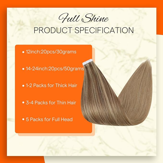 Full Shine Tape in Hair Extensions Human Hair 14 Inch Balayage Hair Extensions Real Human Hair Tape in 50Grams 20Pcs 10/16/16 Highlights Golden Brown Mixed Golden Blonde Skin Weft Hair Extensions