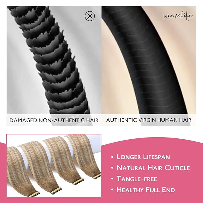 WENNALIFE Tape in Hair Extensions Human Hair Balayage Dirty Blonde with Platinum Ends Tape in Extensions, 10pcs 20g 10 inch Remy Invisible Tape Ins Straight Colored Soft Refill Set