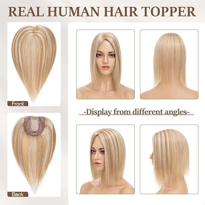 Rich Choices Hair Toppers for Women Real Human Hair 100% Human Remy Toppers NO Bangs with Thinning on Top Clip in Hairpiece 4"x4.7"Lace Base 14 Inch #12P613 Golden Brown Highlights Bleach Blonde