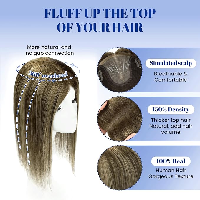 WORLDSTAR Hair Toppers for Women Real Human Hair No Bangs 6 * 7 Inch Base 14 Inch 65g #4/27/4 Balayage Chocolate Brown Ombre Caramel Brown Toppers Hair Pieces for Women with Thinning (tp#4/27/4-14)