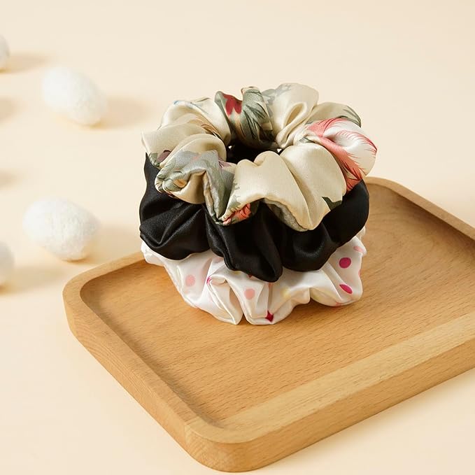 19Momme Silk Scrunchie Thick Hair Ties for Curly Hair, No Slip Hair Bands for Women, Vintage Satin Hair Accessories (Black,Eternal Aura,Polka dot)