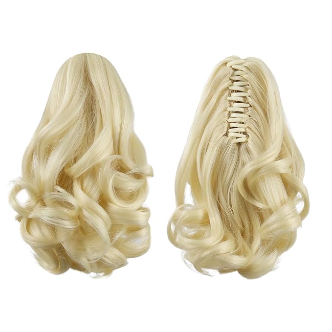 Blonde Ponytail Extension,9" Short Curly Wavy Claw Clip in Ponytails Hair Extensions Natural Soft Synthetic Hairpiece for Women