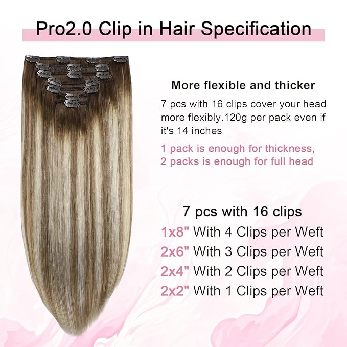 Pro2.0 Clip in Hair Extensions Real Human Hair 20inch 7pcs #3/8/22 Walnut Brown to Ash Brown and Golden Blonde Remy Real Human Hair Extensions Clip ins 120g Thick Double Weft（#3/8/22-20inch）