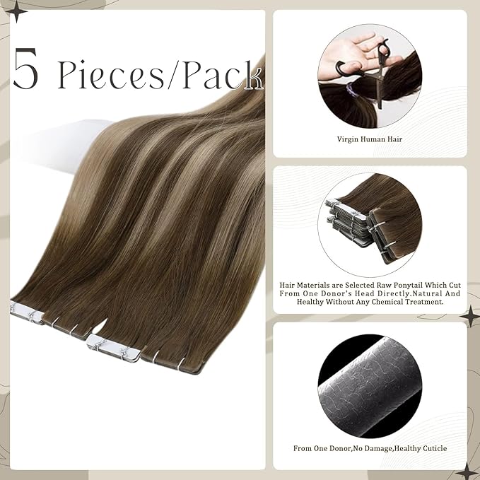 Full Shine Virgin Injection Tape in Hair Extensions Color 4 Brown Fading to 27 Blonde And 4 Injected Tape in Hair Extensins Machine Remy Seamless Tape in Extensions 18 Inch 12.5 Gram 5Pcs