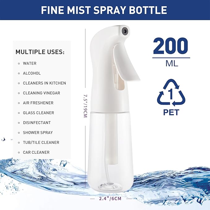 TANSHINE Continuous Spray Bottle for Hair 2 Pack,Fine Mist Water Hair Spray Bottles,Mister Spray Bottle,Refillable Plastic Sprayer for Hairstyling, Cleaning,Alcohol, Plants, Salons,6.8oz/200ml,Clear