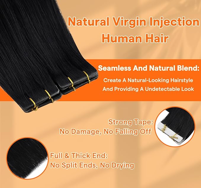 Full Shine Injection Tape in Hair Extensions Human Hair Color Black Machine Virgin Human Hair Extensions Tape ins 20Inch Seamless Skin Weft Tape in Extensions 25Gram 10Pcs for Wedding