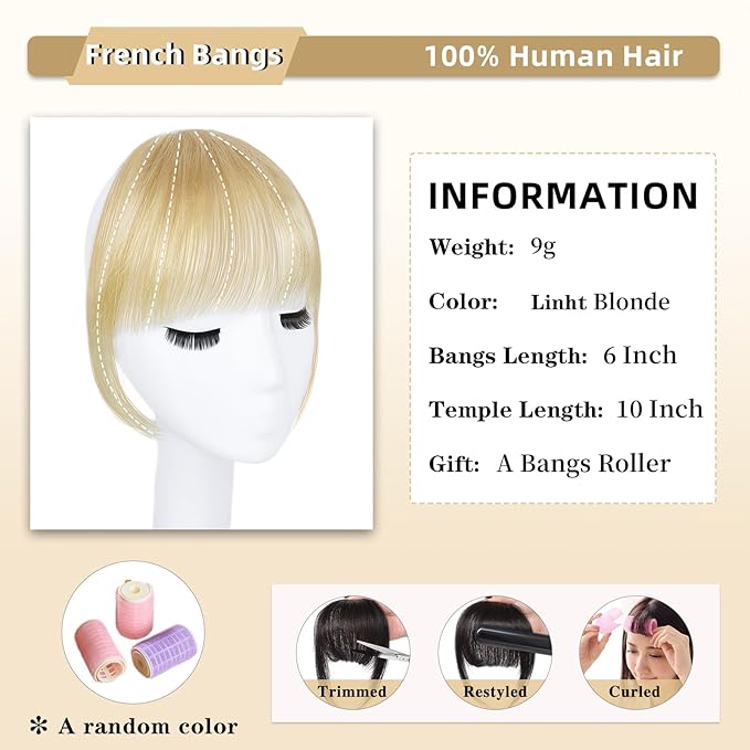 NAYOO Clip in Bangs - 100% Human Hair French Bangs Clip in Hair Extensions, Light Blonde French Bangs Fringe with Temples Hairpieces for Women Curved Bangs for Daily Wear