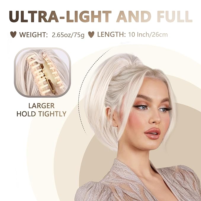 Claw Clip Ponytail Extension - 10 Inch Short Ponytail Extension, Straight Pony Tails Hair Extensions, Synthetic Hair Extensions Ponytail, Clip On Ponytails for Women (Color: Platinum Blonde)