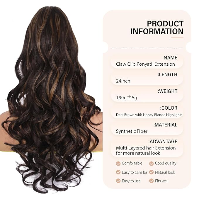 24 Inch Ponytail Extension, Layered Ponytail Extensions for Women, Soft Wavy Claw Clip in Ponytail Extension, Natural Synthetic Hair Pieces for Women (Color: Dark Brown with Honey Blonde Highlights)