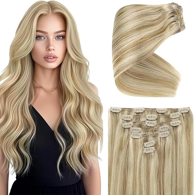 Ve Sunny Clip in Hair Extensions Real Human Hair Dark Blonde Highlights Golden Blonde Clip on Extensions for Women Natural Human Hair Extensions Straight 7pcs 18 inch 120g