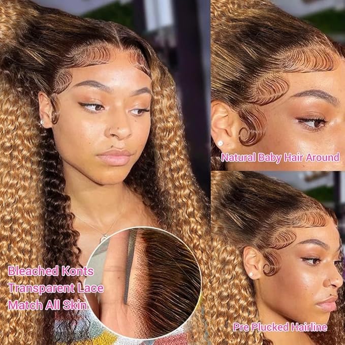 AMIRTY 360 Lace Front Wigs Human Hair Pre Plucked Honey Blonde 4/27 Deep Wave Lace Front Wigs with BabyHair Full 360 HD Transparent Drawstring Wig Human Hair Lace Front Human Hair Wigs for Women