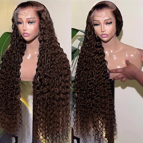 13x6 Deep Wave Lace Front Wigs Human Hair Chocolate Brown 210 Density HD Lace Front Wigs Human Hair Curly Wig Pre Plucked Human Hair Glueless Frontal Wigs with Baby Hair 32Inch