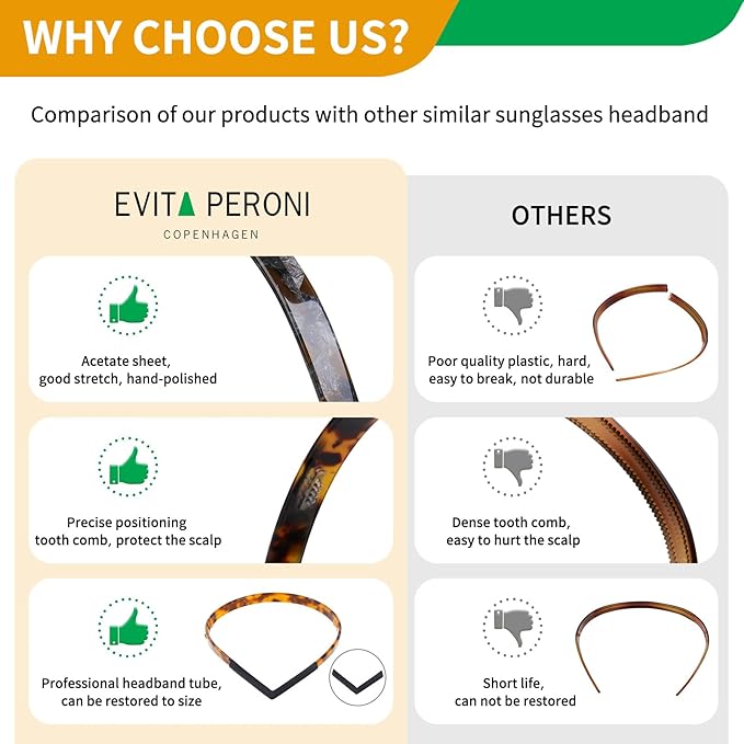 EVITA PERONI Hairband Designed for Eyewear, 3PCS - Basic Color - Tortoise & Amber & Black, Acetate, Fashion Thin Non-Slip Hair Accessories for Women Securing Hair