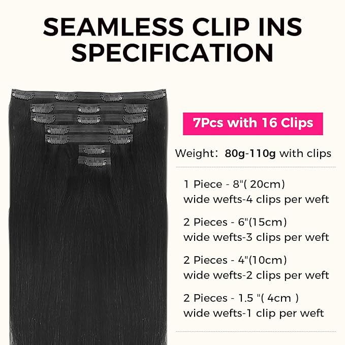 Lashey Seamless Clip in Hair Extensions Human Hair, 7pcs 110g Jet Black Straight Remy Human Hair Clip in Extensions 20 Inch Hair Extensions with Soft PU Weft