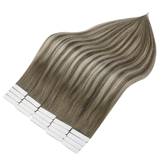 Full Shine Tape in Hair Extensions Human Hair Brown Roots Fading to Brown and Ice Blonde Balayage Straight Hair Extensions Tape in 16 Inch Double Sided Tape in Hair Extensions 50 Gram Remy Hair 20 Pcs