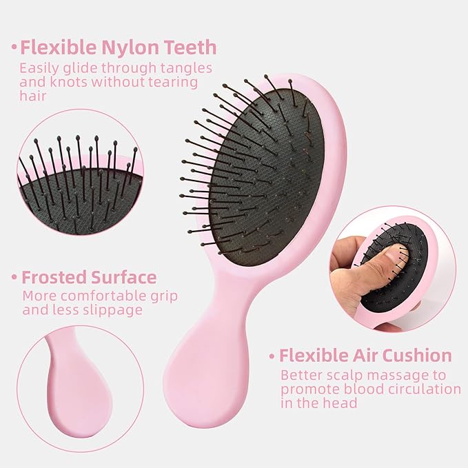 Mini Hair Bursh for Kids Women and Men, Protable Travel Size Hair Brush for Pockets Purse backpack,Mini Detangler Brush for All Hair Types, Small Hair Brush for Detangling(1 Pack-Pink)