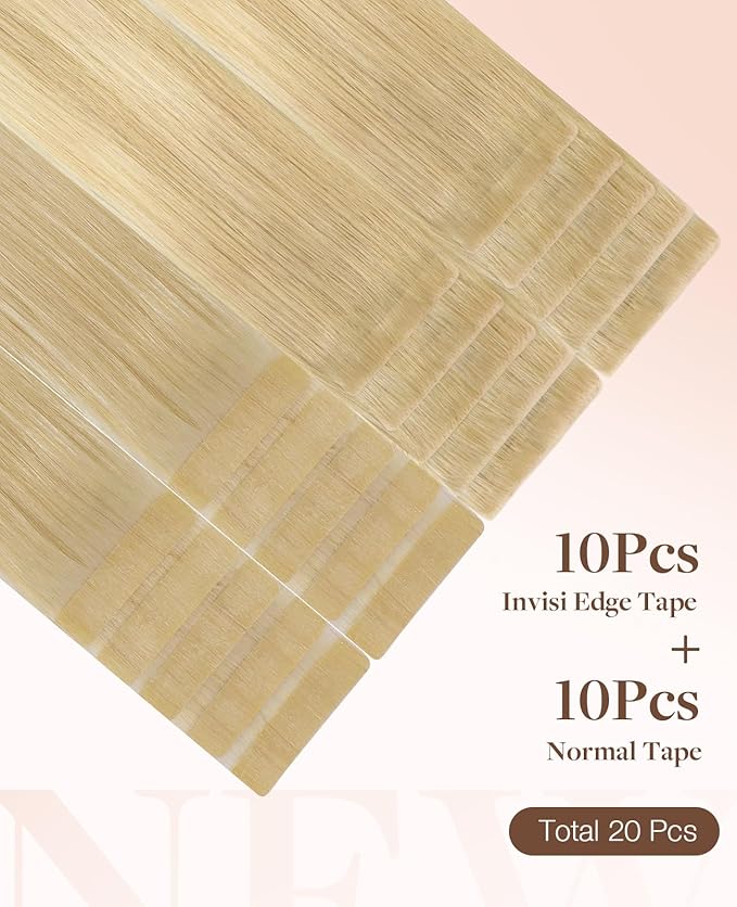 GOO GOO Invisi Edge Tape in Hair Extensions Human Hair, 18AT60A Pearl Ash Blonde Highlights 10pcs injected with 10pcs classical tape ins, 12inch 40g, Virgin Remy Hair, Natural Look