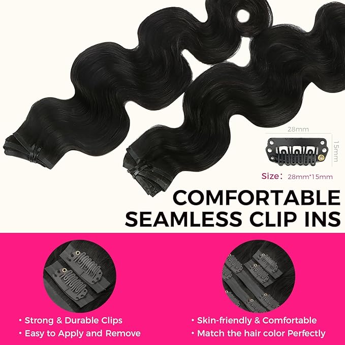 Lashey Seamless Clip in Hair Extensions Remy Human Hair Extension, 7pcs 110g Body Wave 26 Inch #1B Natural Black Hair Extensions Seamless Clip in Hair Extension with Invisi Edge