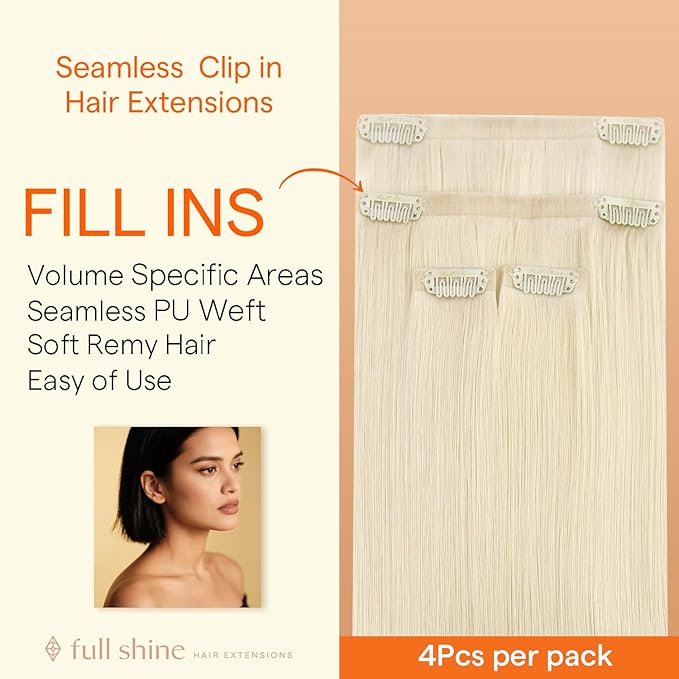 Full Shine Seamless Clip in Hair extensions, 20Inch Blonde Real Human Hair Clip in Extensions,Long Straight Remy Hair for Womem, Invisible Natural Fill Ins, 4Pcs 20Inch 95 grams