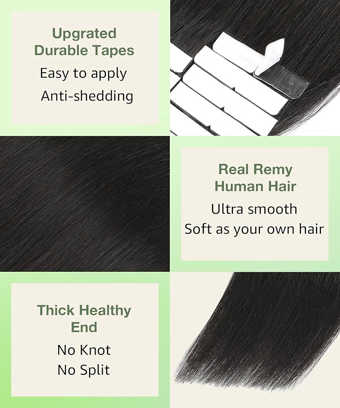 SURNEL Tape in Hair Extensions Double Drawn Hair #1B Off Black Remy Tape in Hair Extensions Human Hair 20 inch 20pcs 50g(#1B-20)