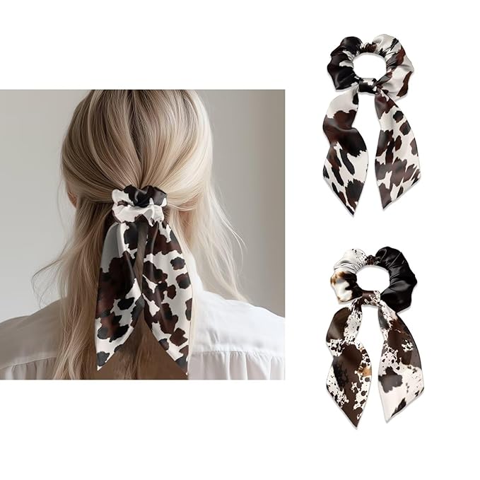 Cow Print Pack of 2 Knotted Bow Hair Scrunchies Elastic Hair Scarf Fashion Bow Scrunchy Aesthetic Ponytail Scrunchies with Ribbon