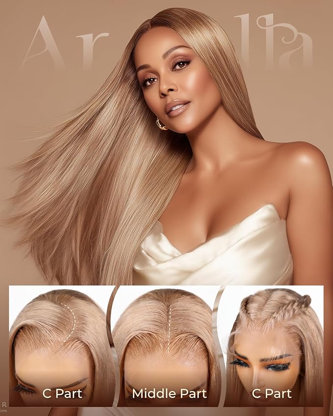 Arabella 13x6 Light Brown Blonde Wig Human Hair Glueless Wigs Human Hair Pre Plucked Pre Cut 13x6 Ear to Ear Full HD Lace Front Wigs 210% Density Straight Wig Drawstring Wig Human Hair 30 Inch