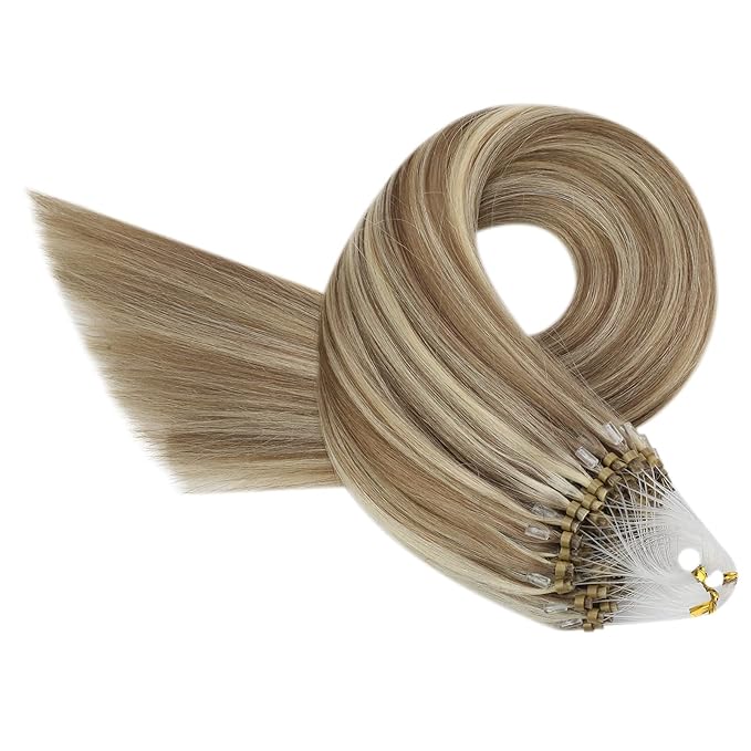 YoungSee Micro Beads Hair Extensions Brown Highlight Micro Loop Hair Extensions Human Hair Light Brown and Blonde Highlight Microlink Hair Extension Human Hair for Long Hair 24In 50s 50g