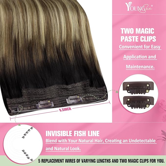 YoungSee Invisible Wire Hair Extensions Balayage Wire Human Hair Extension Dark Brown Ombre Medium Brown with Blonde Easy to Put in Headband Hair Extensions 16In 80G