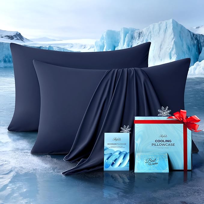 Ultra-Chill Cooling Pillowcase Set of 2 for Hot Sleepers, Softer Than Silk Pillow Cases for Protecting Hair & Skin, Breathable Bed Pillow Covers w/Zipper, Gifts for Women & Men (Navy Blue, Standard)