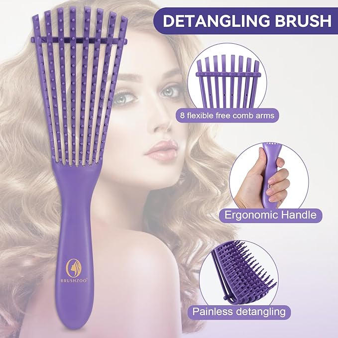 Hair Brush with Hair Styling Comb Set, Purple, Detangling Hair Brushes for Women Men Kids Curly Hair, Includes Detangler Brush, Teasing Hair Brush, Rat Tail Comb, Edge Brush