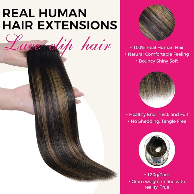 Lashey Clip in Hair Extensions Straight 7pcs 120g Human Hair Clip in Extensions Natural Black Mixed Chestnut Brown Real Human Hair Extensions for Black Women 20 Inch