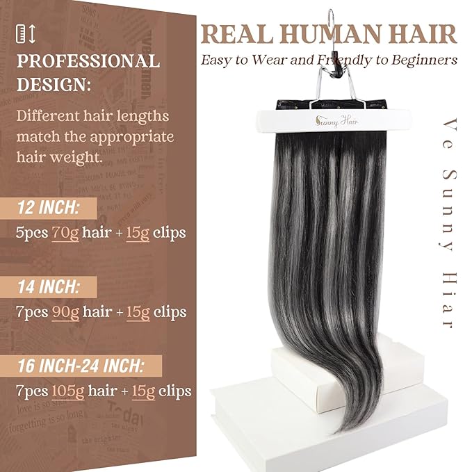 Ve Sunny Clip in Hair Extensions Black Hair Extensions Real Human Hair Silver Clip in Human Hair Extensions Balayage Human Hair Clip in Extensions Ombre Ease of Use 100g 7pcs 14inch